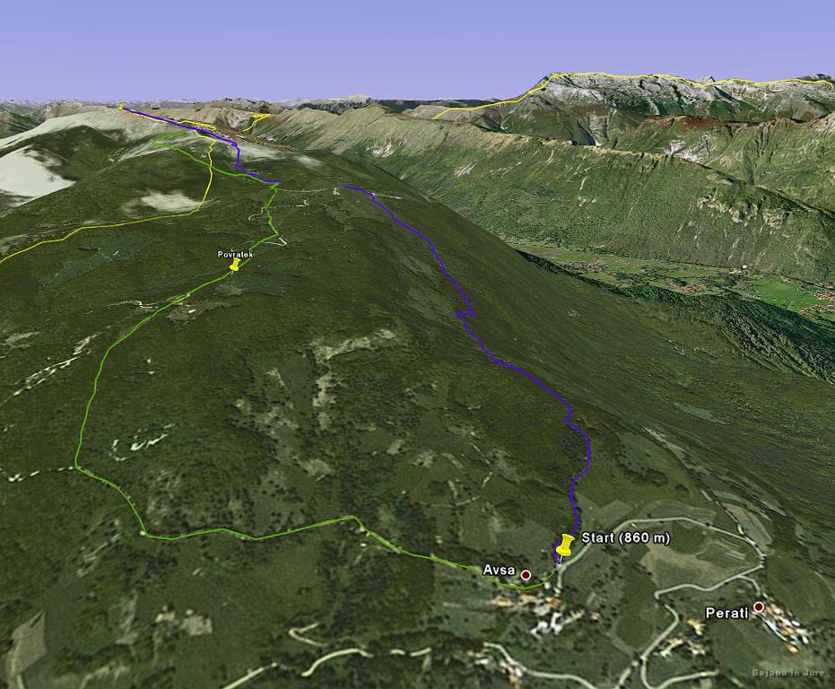 Slika_01.jpg - Modra črta ponazarja vzpon s štartom v vasi Avsa na 860 m. Spust je bil bolj na frej, nekje kar direkt.