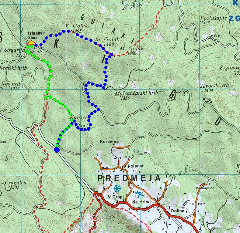 Slika_00.jpg - Zemljevid poti. Modra opisuje vzpon, zelena pa spust. Običajno se gre po markirani poti (1) - del poti nazaj sva šla po njej. Zato bi bilo potrebno za avtom še kakšen km naprej.