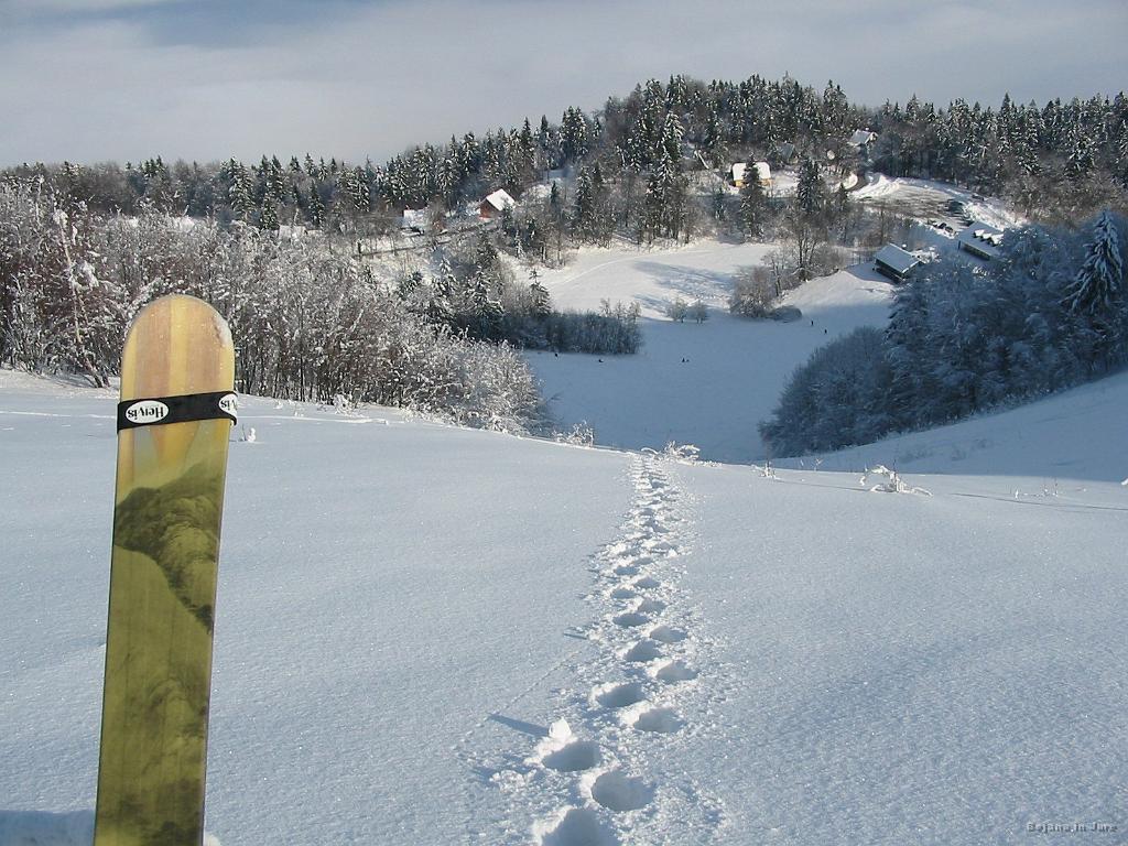 Slika_01.jpg - Moja špura iz izhodišča. Sicer sem najprej sledil že nekemu predhodniku, sam je šel preveč cik-cak, zato sem šel kar direkt. Ja, težka je bila... Rabim pse! Sem pa tu dol izbral smer smučanja, in to kljub kar nekaj grmičkom. Reklamo za preklemano predrag Hervis pa prezrite - skoraj ne kupujem tam. Raje za isti dnar dobim kaj boljšega.