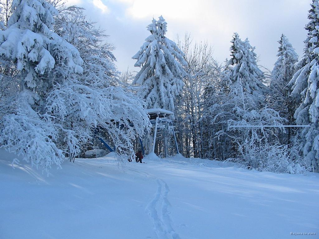 Slika_04.jpg - Na vrhu nisem bil sam. Dva turna smučarja sta se pripravljala na spust. Ta na sliki je imel s seboj psa, ki se mi je prav smili. Namreč snega je preveč in se je bogi kuža matral v tem snegu. Njegov gospodar pa s smučmi...kje sta končala ne vem.