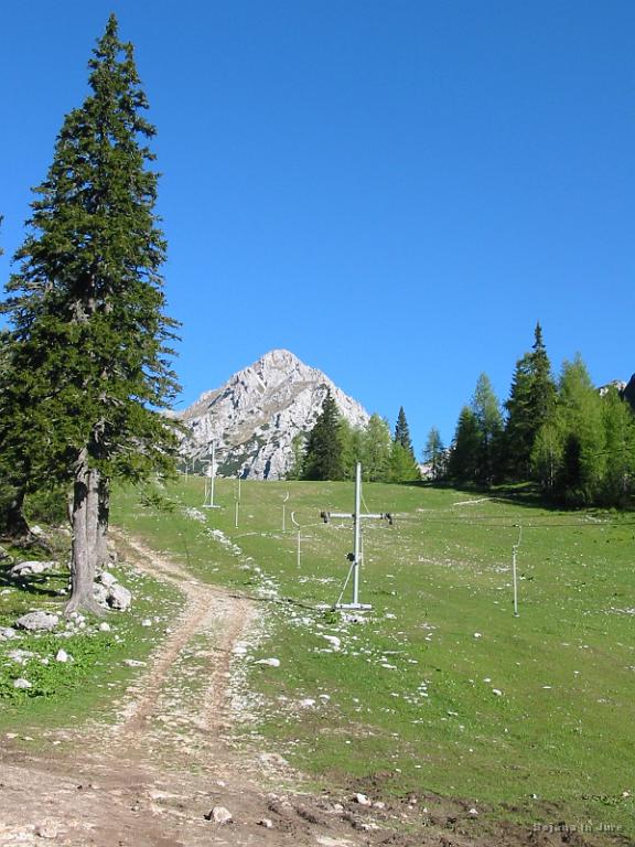 Slika_11.jpg - Takoj za kočo, ob otroški žičnici, se rahlo vzpnemo in sredi proge zavijemo desno v gozd. V ozadju vidna Vrtača (2181 m).