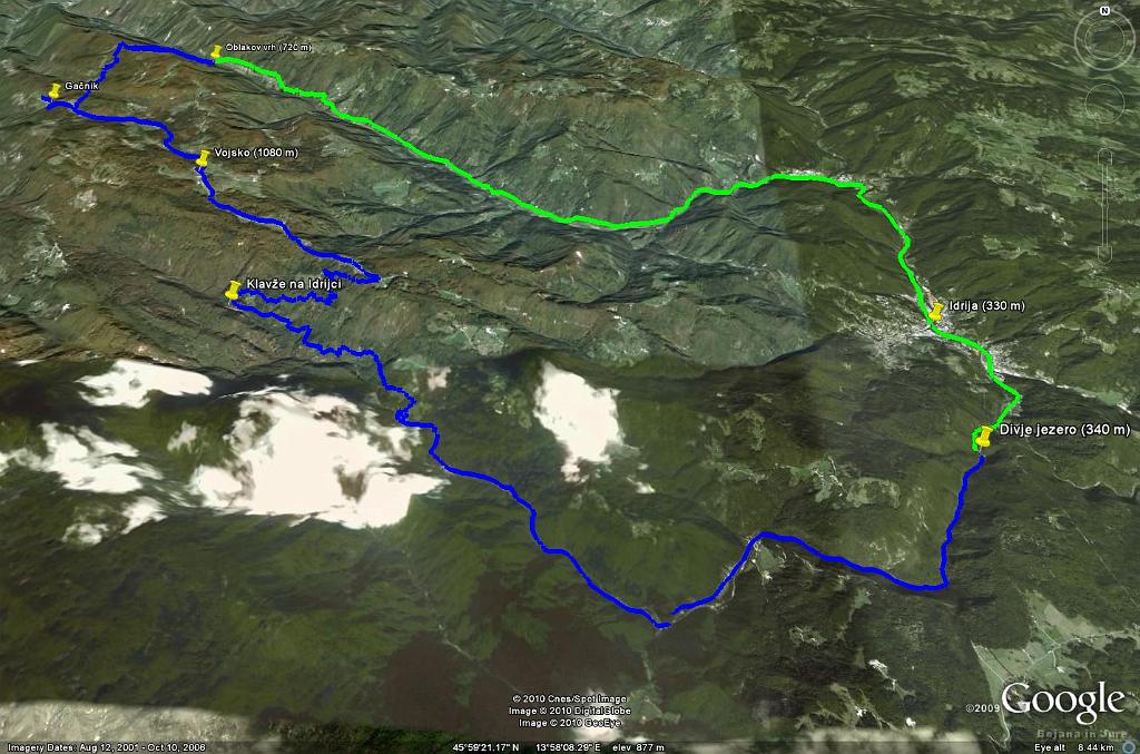 Slika_01.jpg - Google Earth prikaz prevožene poti. Štart izpred parkirišča Divjega jezera, Idrijska Bela, Vojsko, Gačnik, Oblakov vrh, Sp. Idrija in nazaj do avta. Enih 900 m skupne višinske se je nakuhalo, pa 57 km.