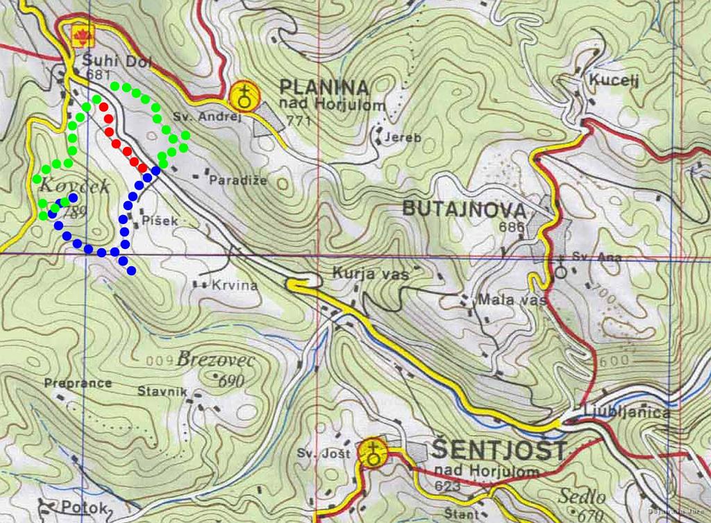 Slika_01.jpg - Modra je "vzpon", zelena je skupen spust, rdeča pa Bojanina samohoja do avta.