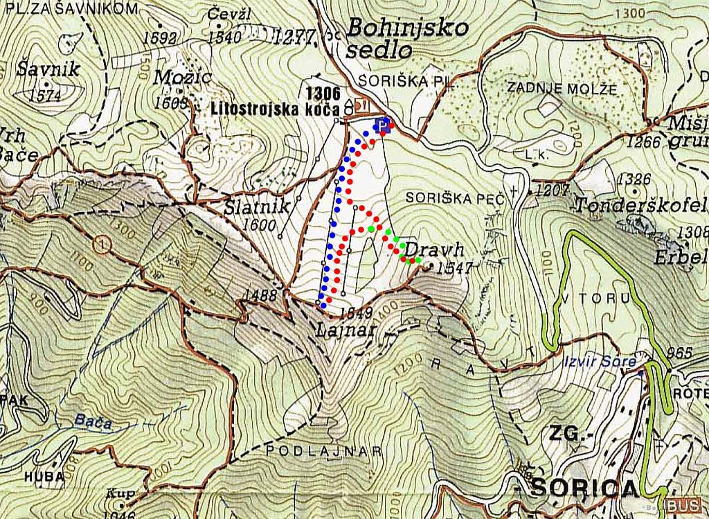 Slika_01.jpg - Modra je vzpon do vrha smučišča, rdeča pa spust. Zelena je vzpon na Dravh, vendar zaradi ograje pod vrhom nisva prišla prav na vrh.