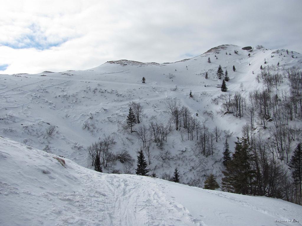 Slika_22.JPG - Tudi na tej strani (bolj bohinjska) ni kaj prida snega. Čeprav bi bil spust v smeri Koble boljša izbira, vendar kaj ko sta oba Berlija na Sorici (ni mišljena vas Sorica ampak smučišče).