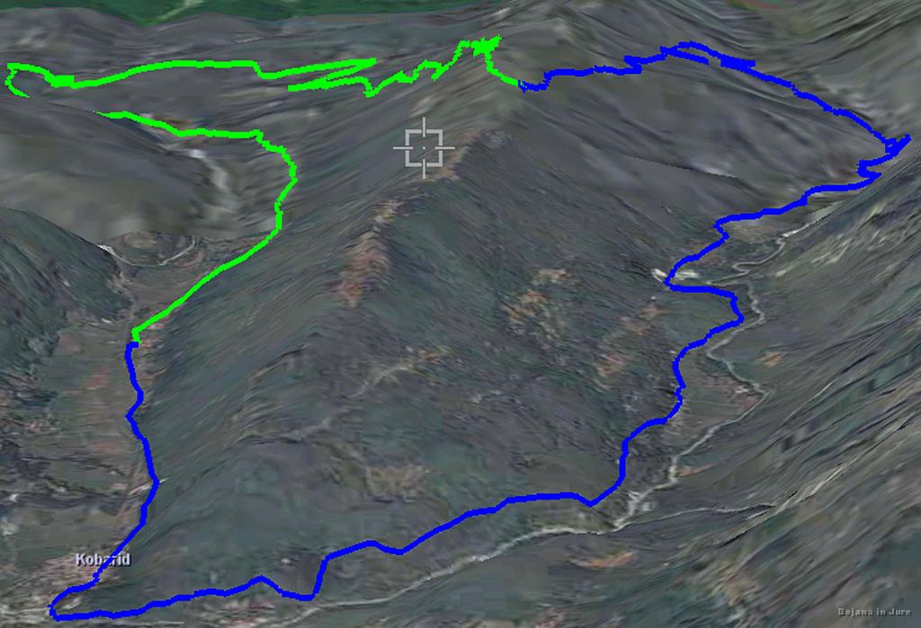 Slika_02.jpg - Še 3D varianta turce prvega dne. Skozi Kobarid, Srpenico, Žago, do mejnega prehoda Učja, nato pa do planine, spust v Breginj, ovinek skozi Logje in Podbelo, potem pa skozi Borjano nazaj do Starega sela.