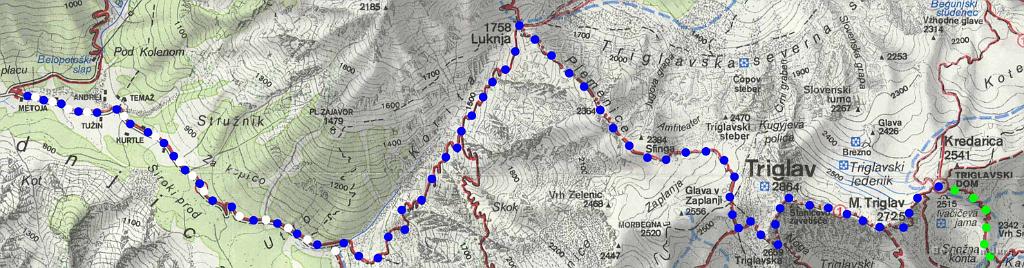 Slika_002.jpg - Prvi dan je bilo izhodišče prvo parkirišče pri vstopu v dolino Zadnjice (650 m). Štart ob 5:20. Do sedla Luknja sva hodila slabe 3 ure, natančneje nanj sva prispela ob 8:10. Po 20 minutah (8:30) priprav sva naskočila plezalni del poti čez Plemenice. Do Sfinge sva prispela ob 11:20, kjer sva imela prvo malce bolj zajetno malico (sendvič). Ob 13:35 sva prispela na vrh Triglava (2864 m). Preračunano sva naredila 2200 m v 7 urah hoje. Po obveznem krstu Bojane, ki je končno postala prava Slovenka, sva se pričela spuščati proti Kredarici. Do nje sva hodila skoraj uro in pol. Namreč gužva je taka, da več časa čakaš kot pa hodiš.
