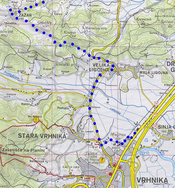 Slika_01-Vrhnika-Zazar.jpg - Zemljevid ture je zaradi boljše preglednosti razdeljen na etape. Štart ob 10:30. Najprej mimo Stare Vrhnike proti Veliki Ligojni, nato pa greva namesto po klasični poti skozi vas Žažar.
