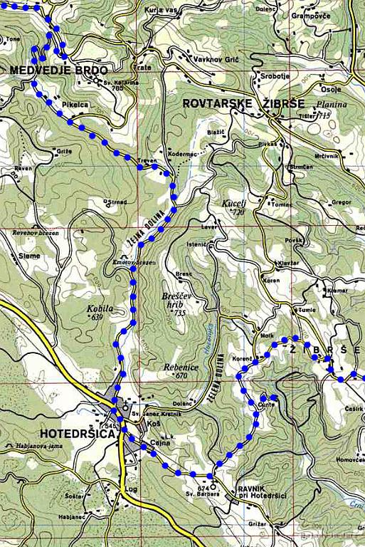 Slika_73-Hotedrsica-Zibrse.jpg - Šesta etapa. Tu vidimo, da do Pikelc vodi več poti, pa še ena jama je vmes, tako da so ti konci res zabavni. V Hotedršici prideva na glavno cesto pri Turku, nato pa kolovratit proti Žibršam.
