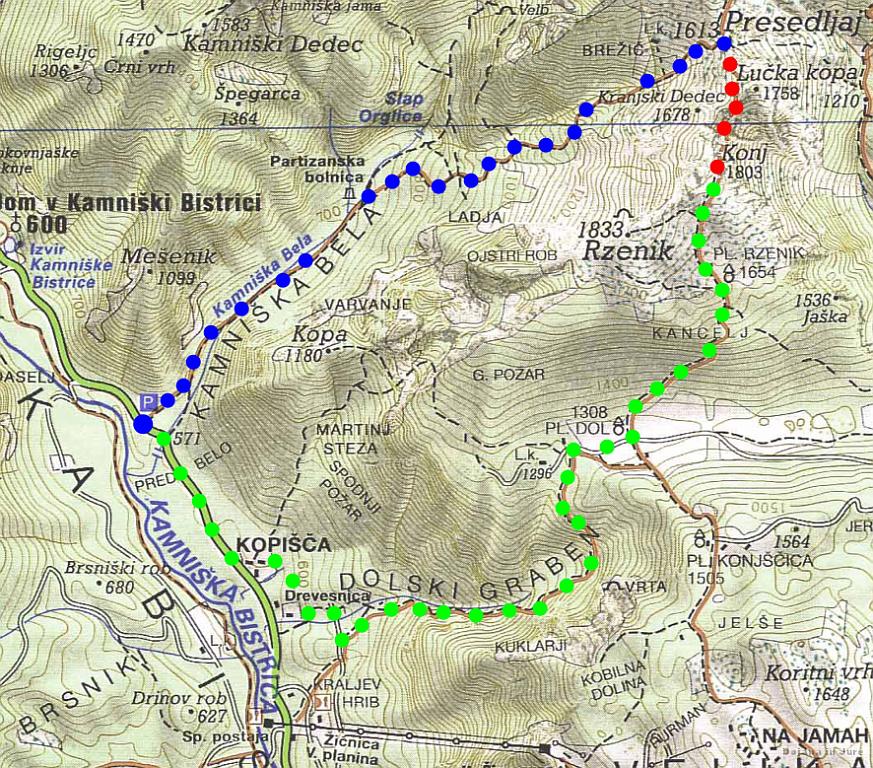 Slika_01.jpg - Štart poti ob 8:45 na 571 m s parkirišča za mostom čez Kamniško Belo. Modra pot je vodila navzgor do Presedljaja (11:50)  na 1613 m, rdeča pa zavarovana pot na Konja (1803 m ob 13:10 in 13:50). Spust v zeleni barvi pa preko pl. Rzenik in pl. Dol skozi Dolski graben nazaj do avta (16:50). Višinske razlike za dobrih 1200 m in 8 ur na poti.