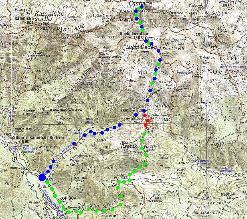 Slika_01.jpg - Modre pike označujejo vzpon v smeri Korošice in nato na Ojstrico, zelene pa povratek. Rdeče označujejo bolj nevaren vzpon na Konja. Hribi.net napovejo 6:45 do Ojstrice!