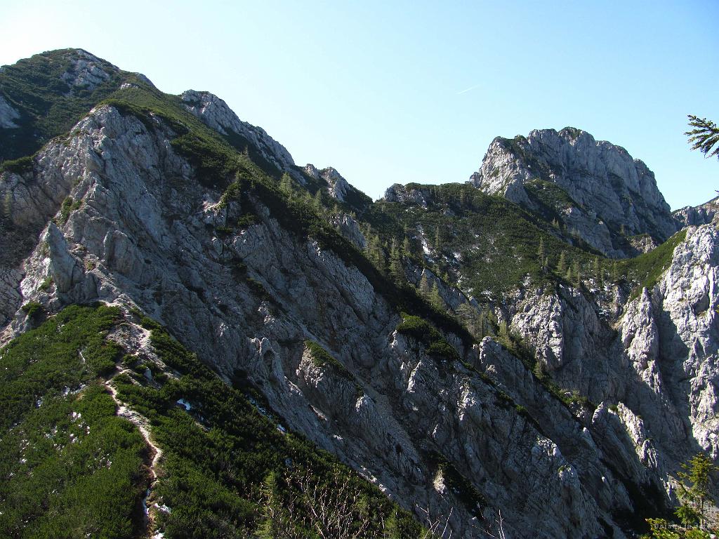Slika_15.jpg - Nad sedlom Presedljaj (1613 m) ob 9:45. V 2 urah sva naredila čez 1000 metrov. Ni slabo, vendar od cilja še zelo daleč. Na sedlu Presedljaj srečava dve gospe, ki sta šli samo do tu, saj sta nato odhiteli domov "štrihat" balkonske deske. Hvala jima za lepe nasvete o možnih turah! Na sliki se vidi pot na Konja kamor zaideva ob povratku.