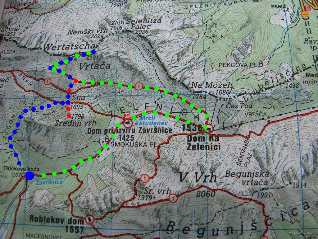 Slika_01.jpg - Izhodišče je bila Tinčkova koča na 1070 m. Ja, visoko je že tole. Nato pa po nemarkirani in delno po svoje do markirane spodnje poti proti Stolu. Tudi tam sva prečila direkt na zgornjo pot proti Stolu (čeprav se na sliki niti ne vidi). Zelena označuje spust, rdeča pa še skok na Srednji vrh. Ta je prav poseben, saj ti ob lepem vremenu resnično nudi lep razgled (predvidevam) in predvsem ni zahteven za dostop.
