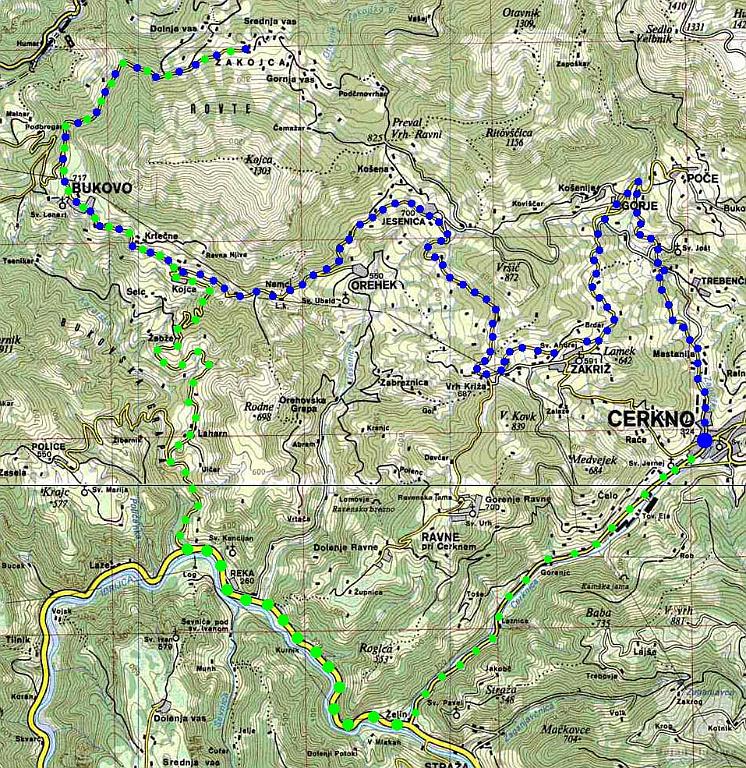 Slika_01.jpg - Izhodišče je Cerkno na 230 m, cilj pa Zakojca na cca. 720 m. Modra kaže smer poti Zakojci, zelena pa povratek. Če se nam zahoče več makadama, potem priporočam smer proti Zakojci skozi Gorje, Snatno brdo in Vrh ravni ter spust v Zakojco. Lahko pa seveda tudi nazaj. Povratek iz Zakojce je recimo lahko v smeri Hudajužne,Grahovega, Reke, skozi Orehovško grapo, skozi Ravne in zaselek Čelo, in še bi lahko našli.
