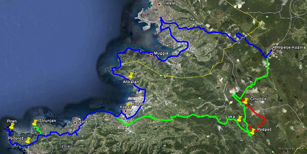 Slika_169.jpg - Modra start, zelena povratek, rdeča pa moj ovinek. Vsega skupaj je bilo za 125 km in slabih trinajst ur na poti. Tempo je bil pa turi primerno penzjonerski.