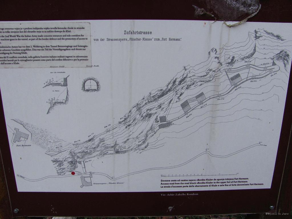 Slika_08.jpg - Ta načrt poti do zgornje utrdbe je bolje narisan kot z današnjimi CAD programi. Cesta je dolga 1292 m, od tega jih ima tunel 113 m, dvignemo pa se za 114 m višincev.